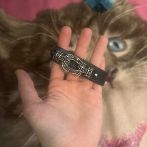 Black feaux Leather Bracelet with Silver Rhinestone Buckle Accent